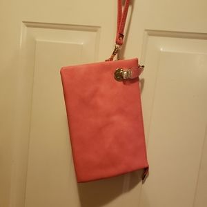 NWT medium coral leather clutch, crossbody strap